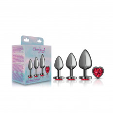 Presale Only - Cheeky Charms - Metal Butt Plug  Gunmetal - Heart Dark Red - Anal Trainer Kit